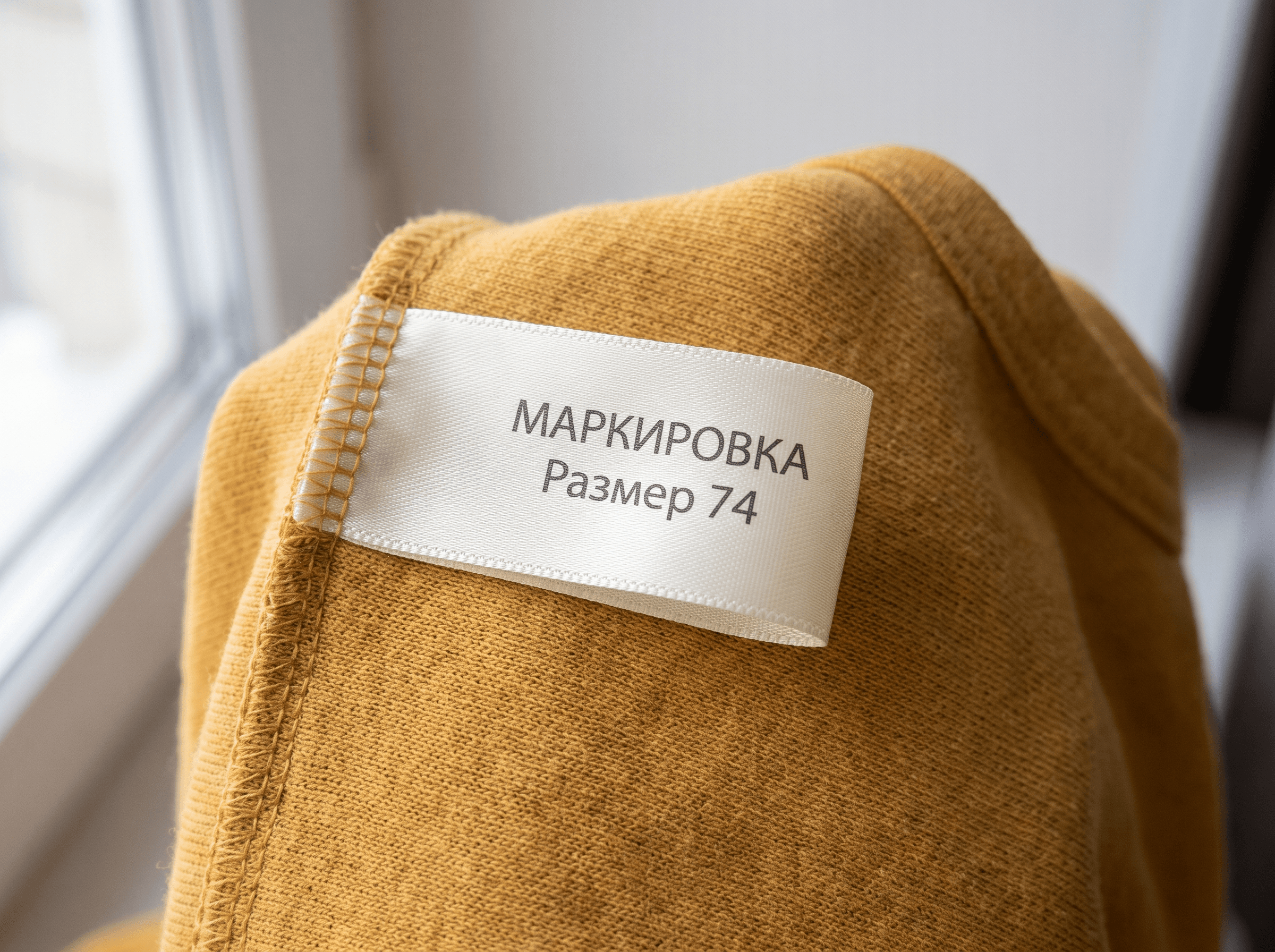 Наружная сатиновая бирка на плече детского боди: не касается кожи, содержит логотип и размер