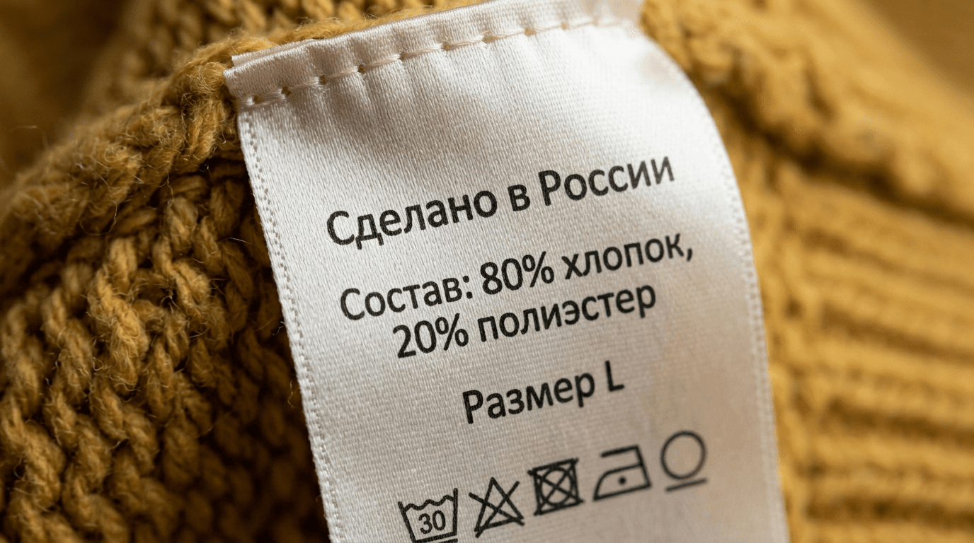 Вшивная сатиновая бирка в шве изделия: страна, состав, размер, символы ухода