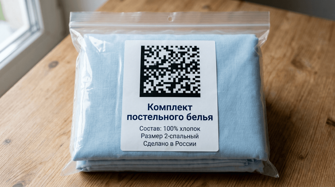 Комплект постельного белья в фирменной упаковке с этикеткой, на которой напечатан код Data Matrix и состав ткани на русском языке