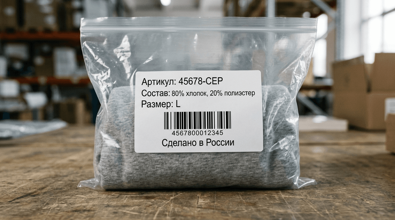 Самоклеящаяся этикетка со штрихкодом на прозрачном зип-пакете с одеждой для Вайлдберриз