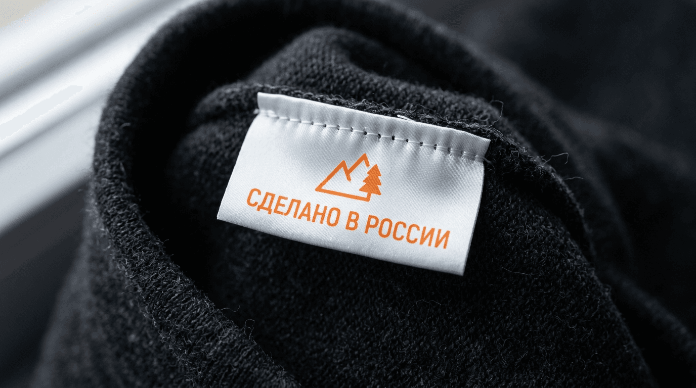 Вшивная сатиновая бирка с напечатанным логотипом и надписью Сделано в России в горловине изделия