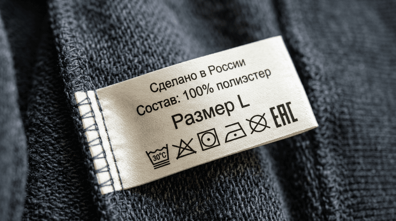 Нейлоновая вшивная бирка крупным планом в шве спортивной толстовки, чёткая печать состава и знака ЕАС