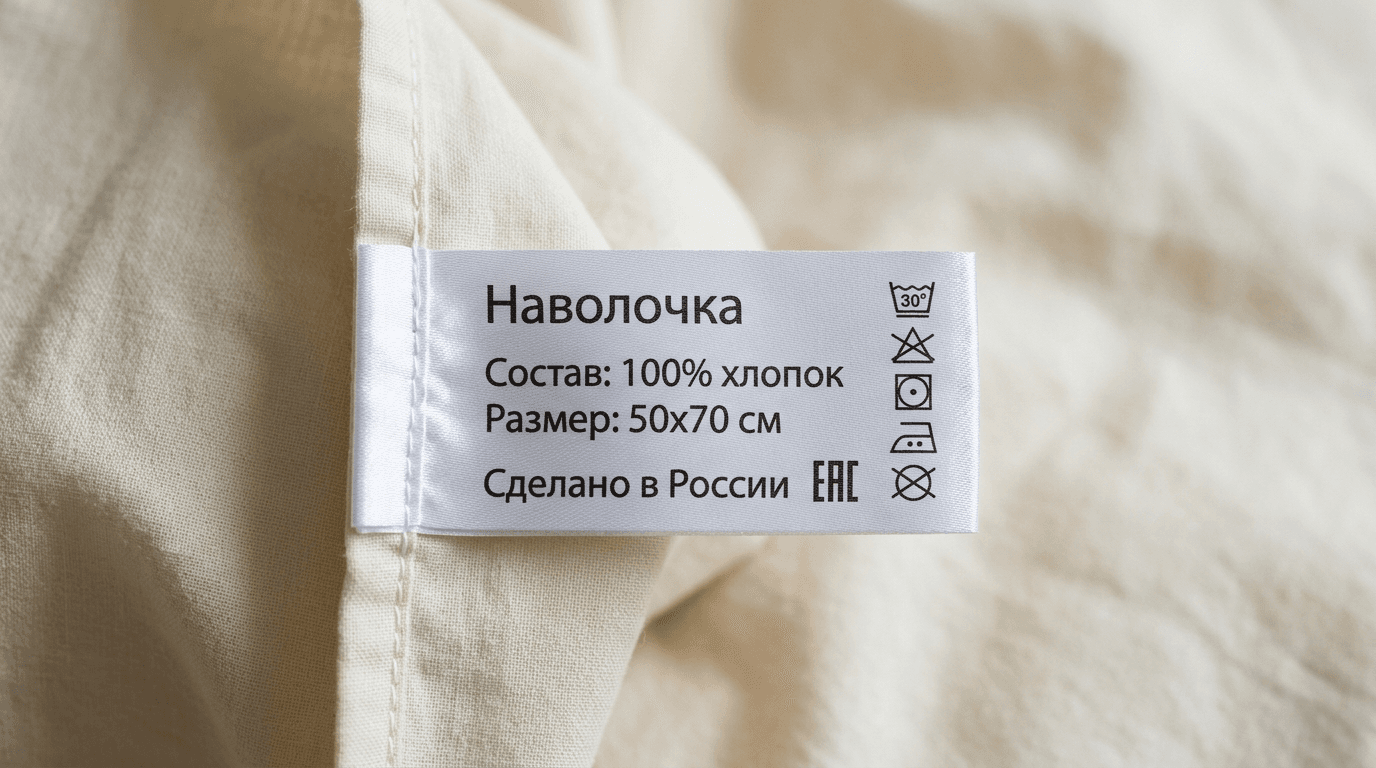 Нейлоновая бирка с составом и знаком ЕАС в шве постельной наволочки