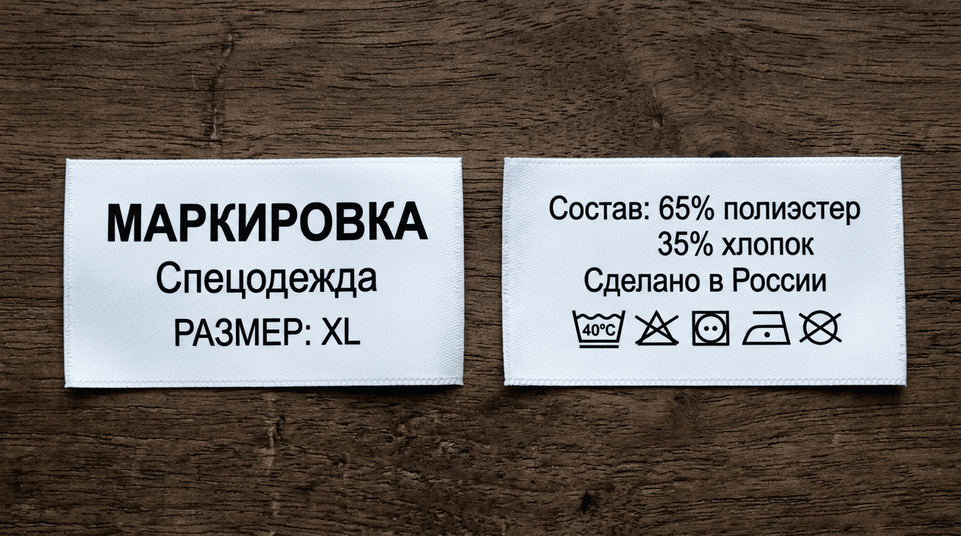 Две полиэстеровые бирки с двусторонней печатью: с лицевой стороны логотип и название, с изнаночной состав и знаки ухода