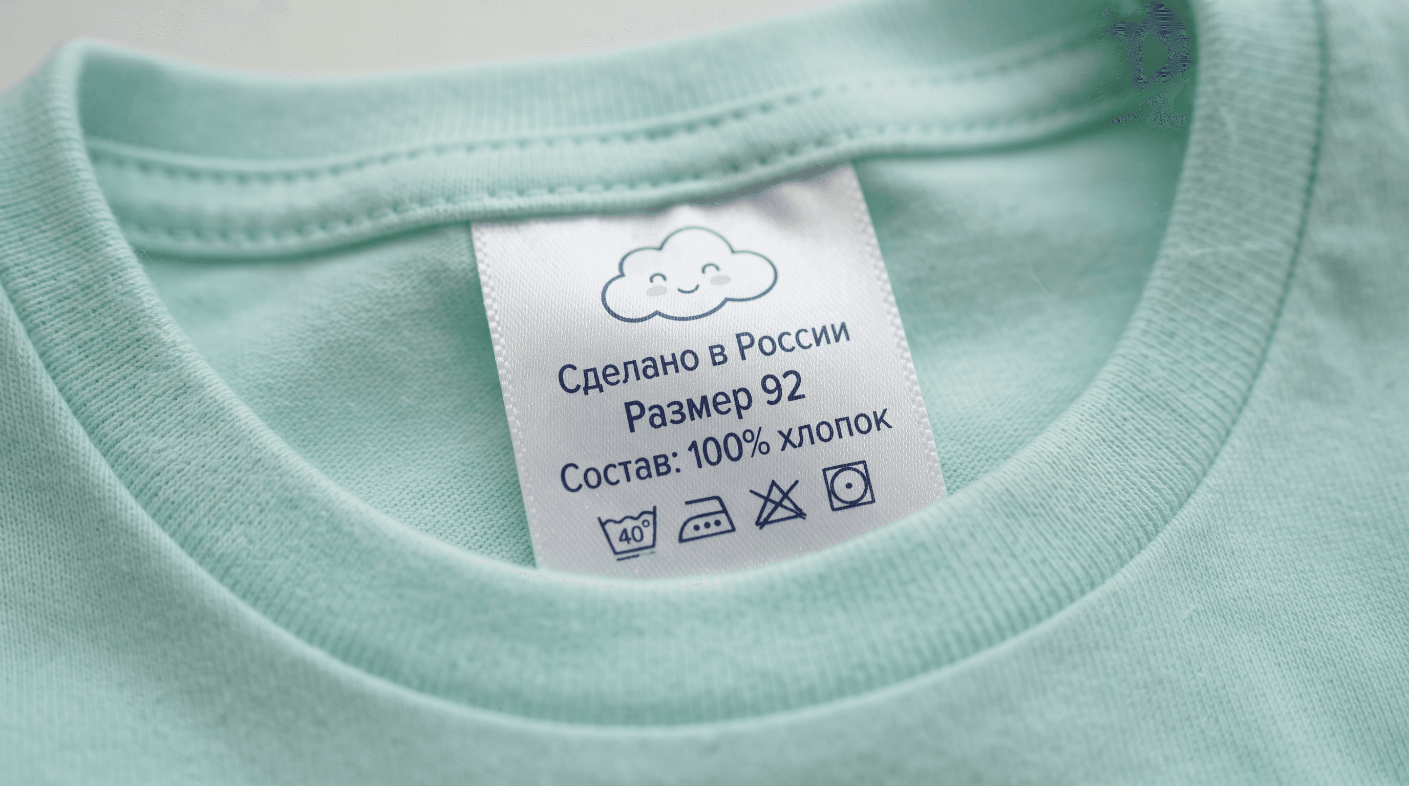 Мягкая цветная сатиновая этикетка с логотипом и русской надписью «Размер 92» в горловине детской футболки