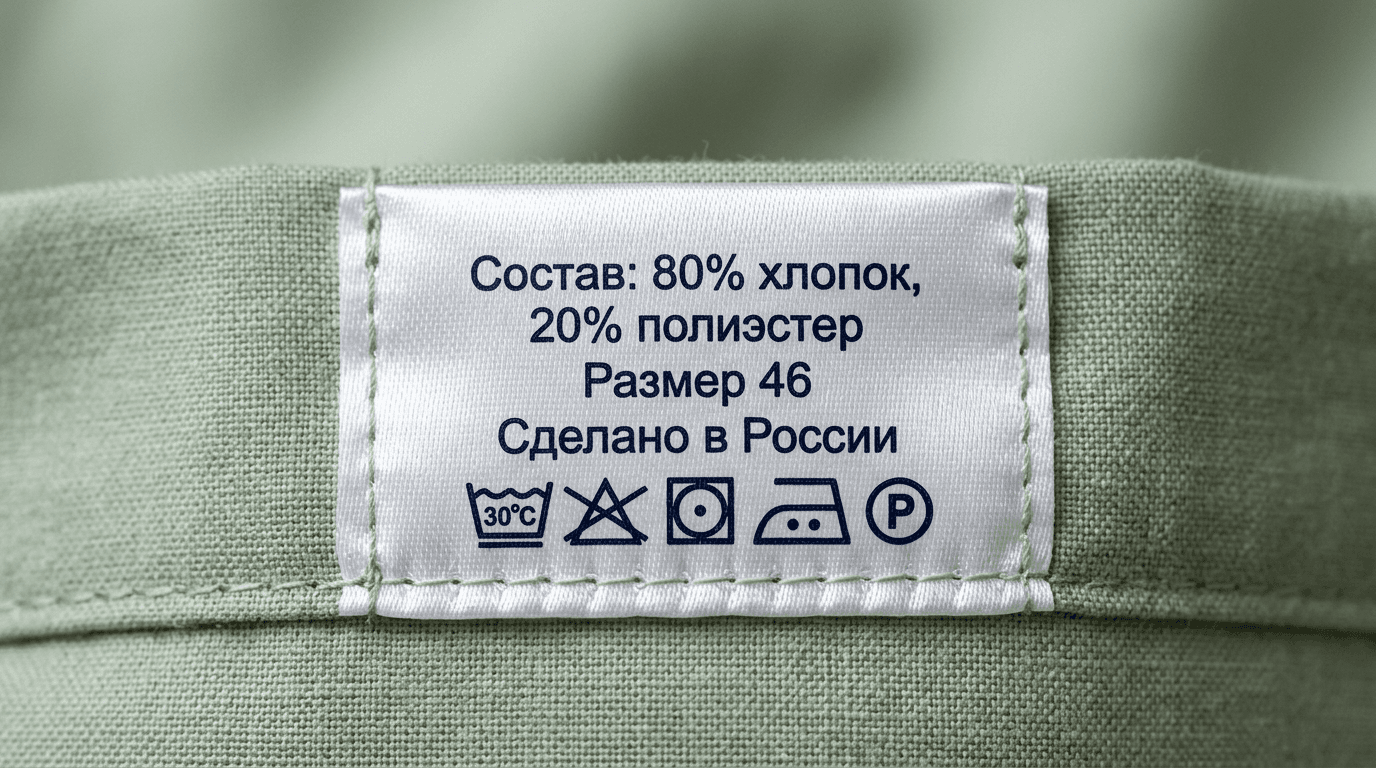 Белая сатиновая этикетка-составник в шве постельного белья, с русскими надписями «Состав: 80% хлопок, 20% полиэстер», «Размер 46», «Сделано в России» и рядом символов ухода