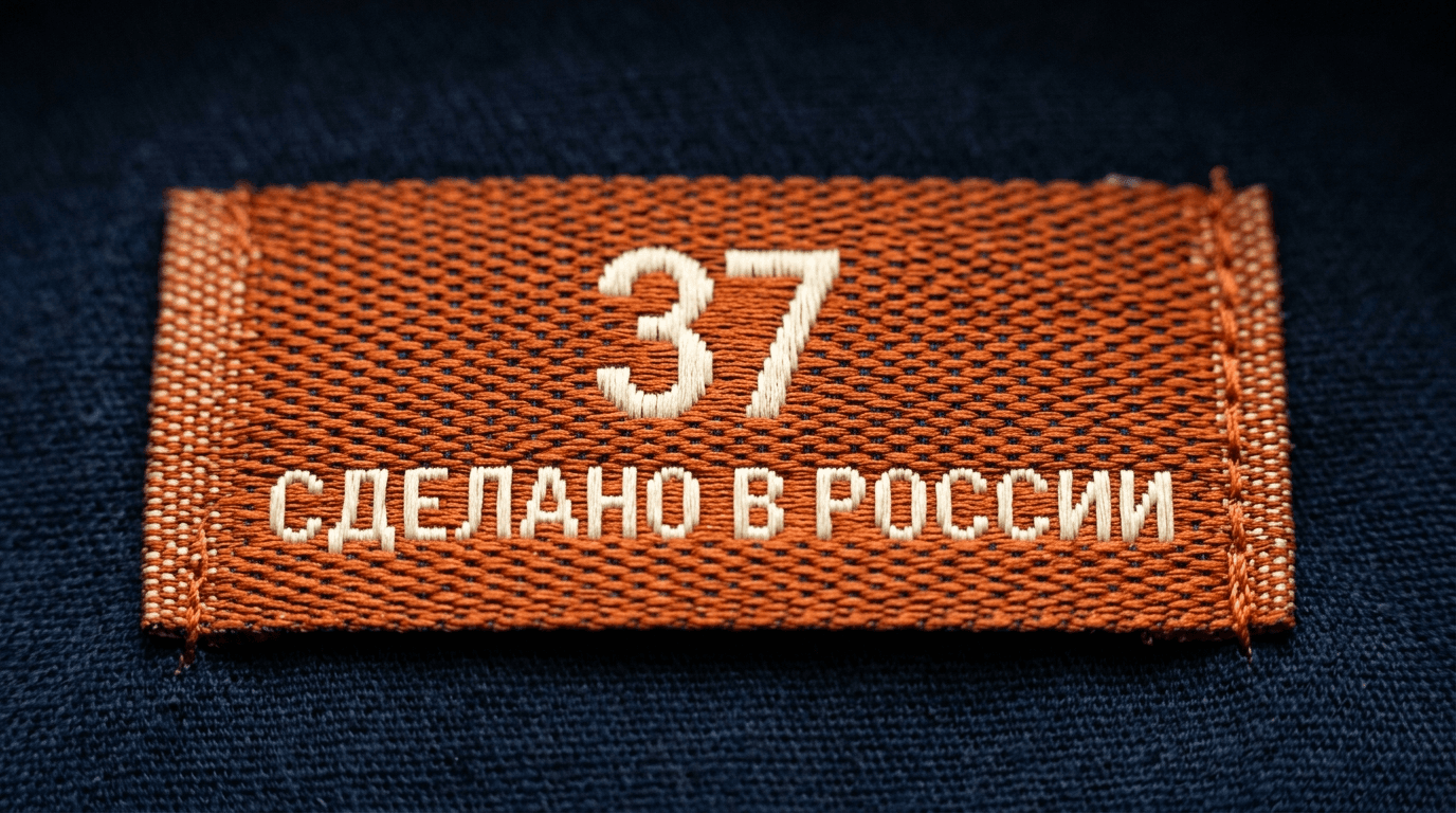 Тканая жаккардовая этикетка крупным планом: вытканный оранжевый логотип 37 и надпись Made in Russia, видна фактура плетения нитей
