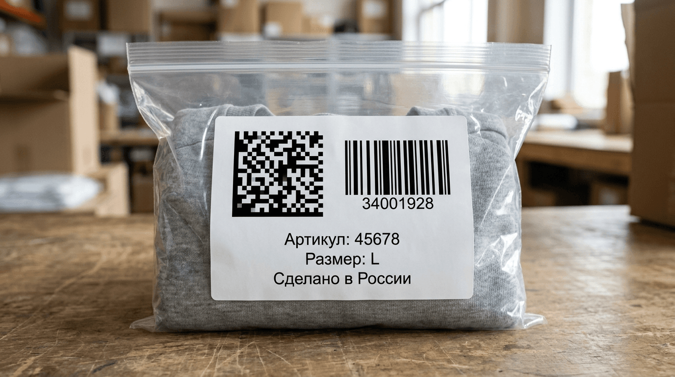 Белая самоклеящаяся этикетка на прозрачном пакете с одеждой: слева Data Matrix Честного знака, справа линейный штрих-код Wildberries, снизу артикул и размер на русском