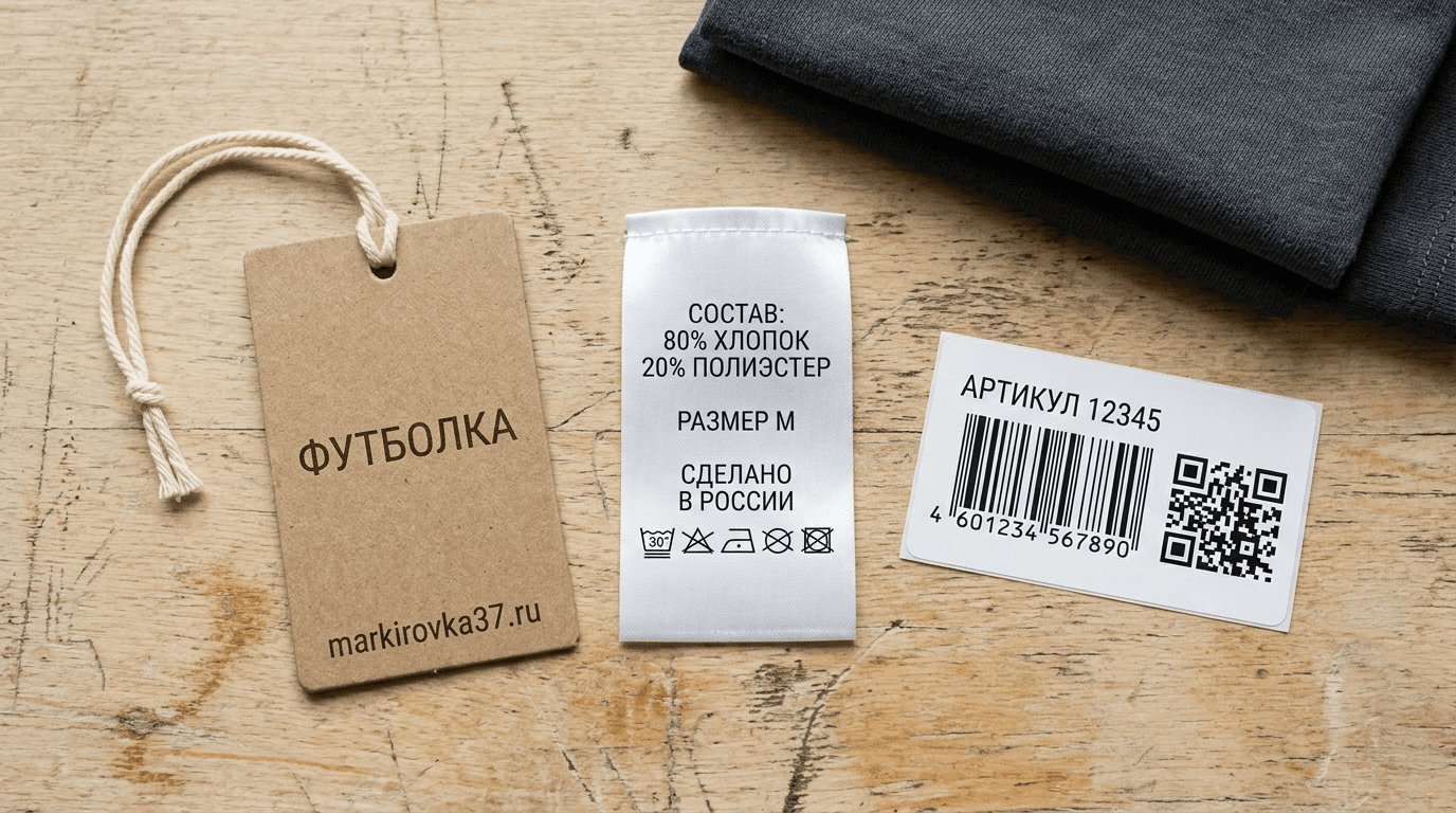 Три этикетки одного изделия для маркетплейса: вшивная сатиновая бирка с составом и уходом, картонный навесной ярлык с брендом и самоклейка на упаковку со штрихкодом и кодом отслеживания