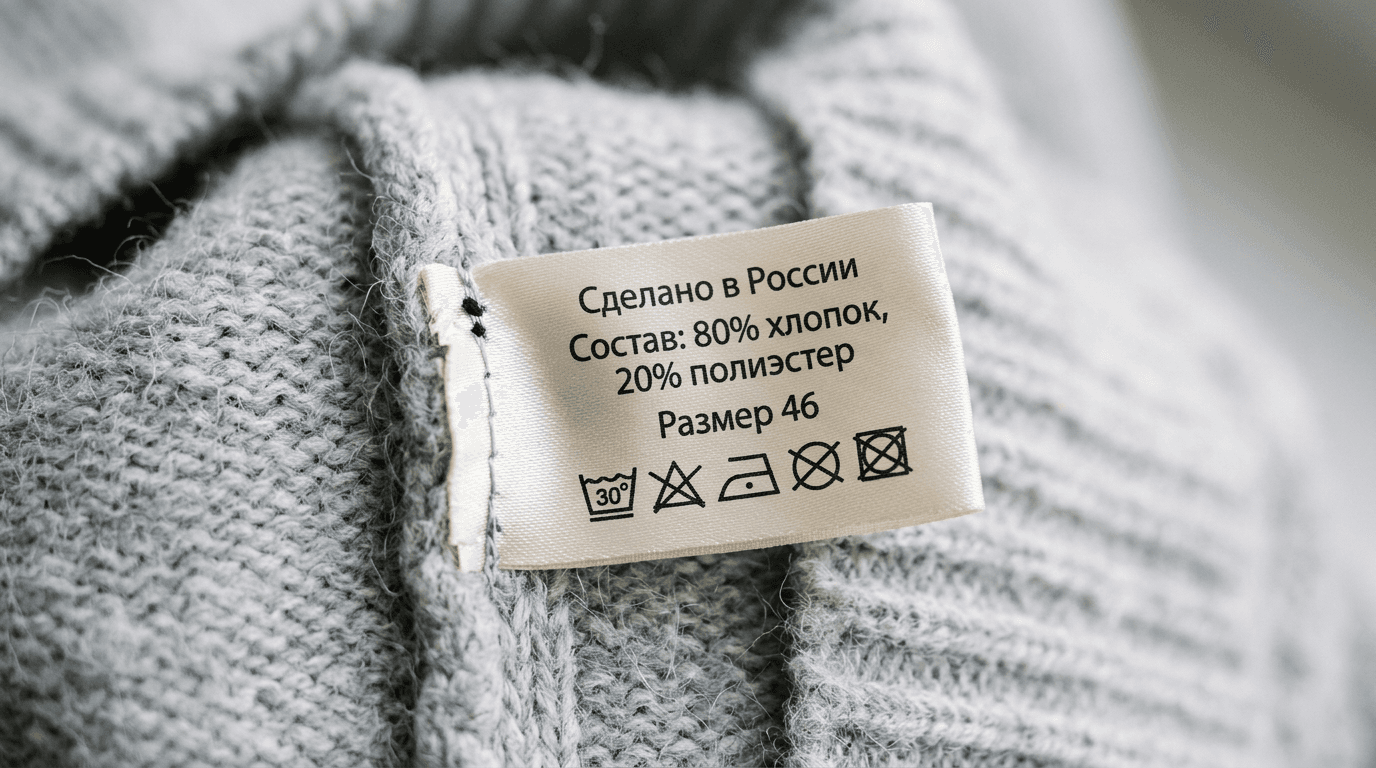 Вшивная сатиновая бирка с составом и значками ухода, вшитая в боковой шов светлого изделия, крупным планом