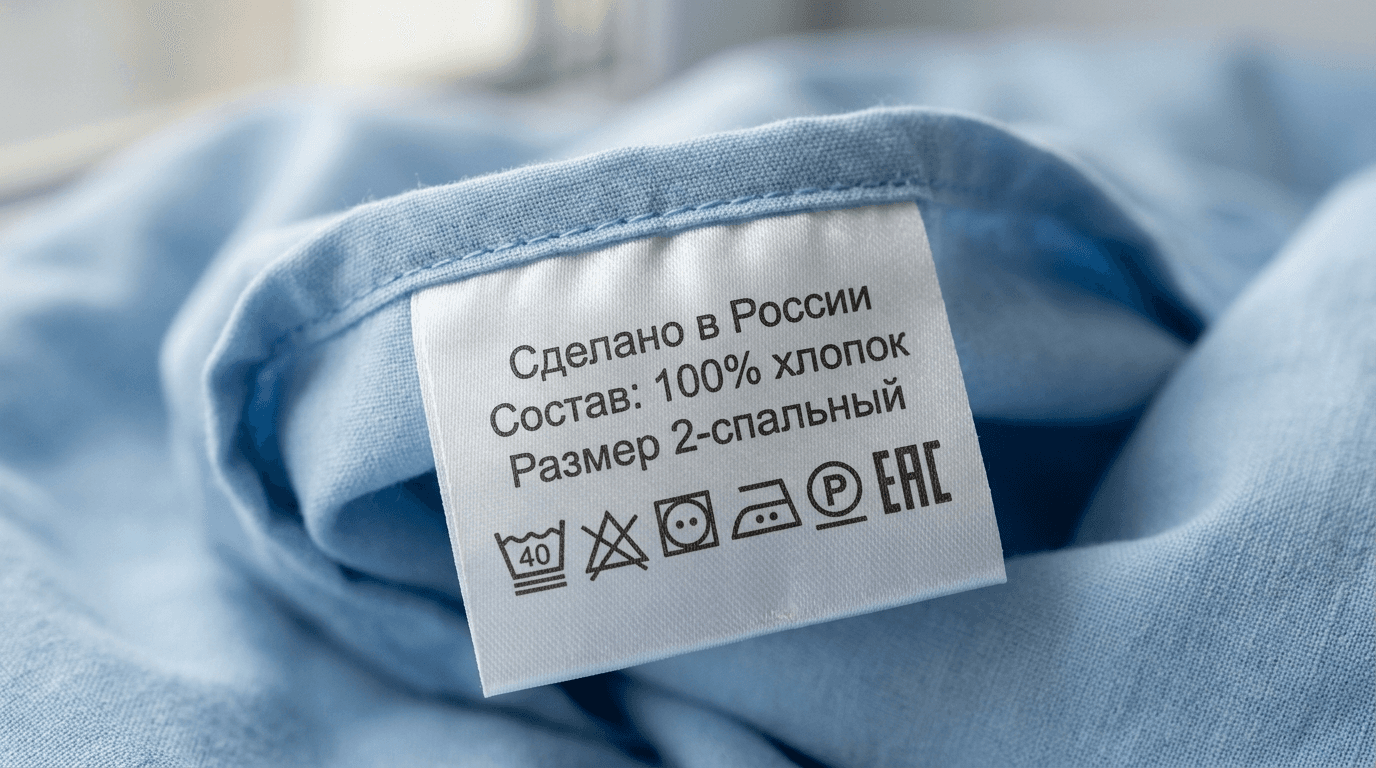 Мягкая сатиновая вшивная этикетка с составом, символами ухода и знаком ЕАС на подгибе пододеяльника