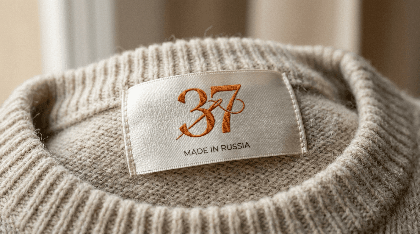 Фирменный сатиновый лейбл с логотипом-монограммой 37 и надписью Made in Russia, вшитый в горловину вязаного свитера