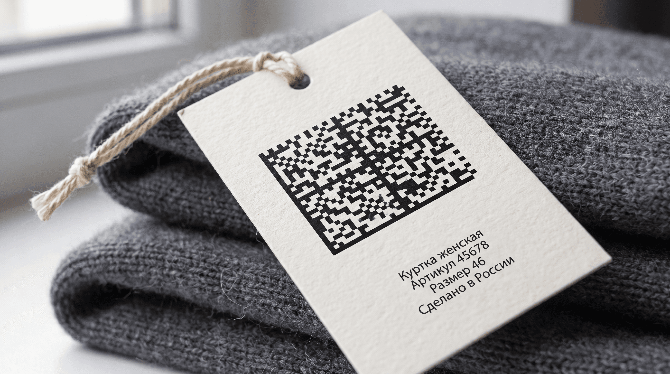 Белая картонная навесная бирка с чётким Data Matrix кодом Честного знака, названием изделия и артикулом на русском - готова к отправке на Wildberries