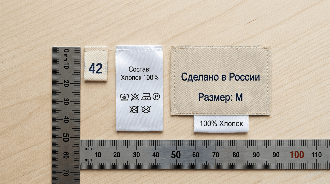 Вшивные бирки разных размеров рядом с линейкой в миллиметрах: маленький размерник, средний составник и крупная комбинированная этикетка