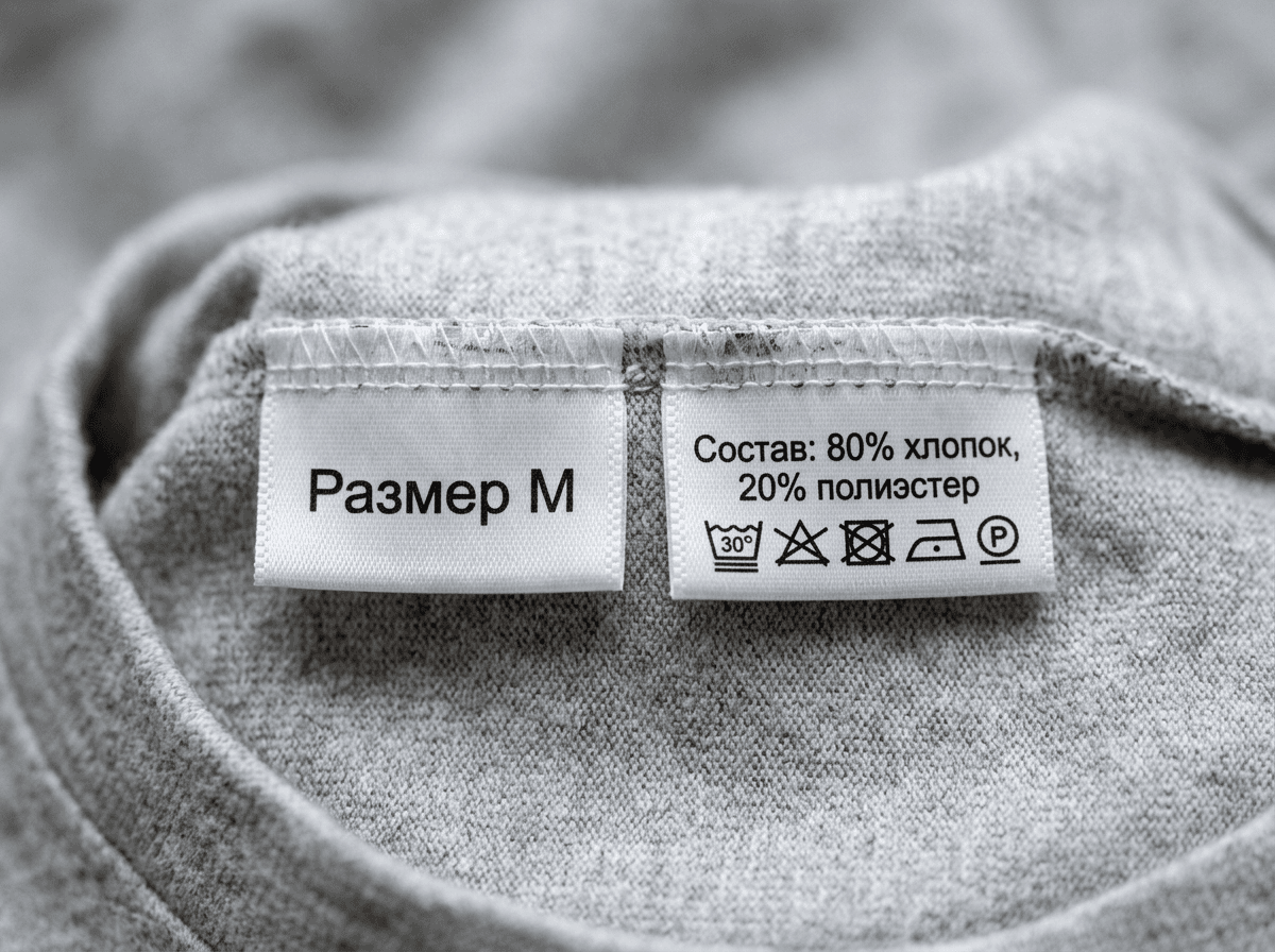 Размерник с буквой M рядом с составником, на котором указан состав ткани и значки ухода - на белой нейлоновой ленте в горловине трикотажной футболки